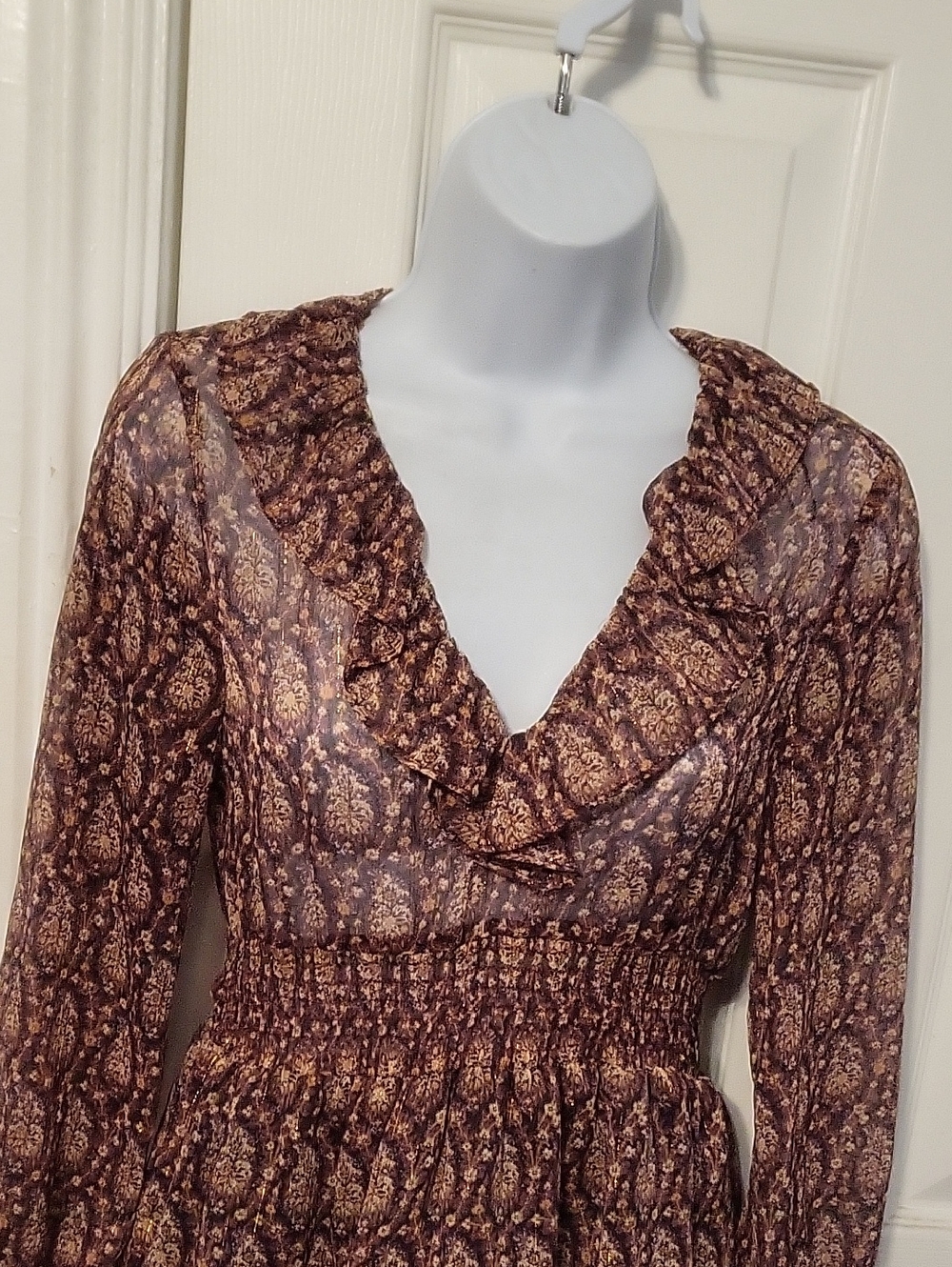 Zara Smocked Waist Ruffle-Tiered Long-Sleeve Dress in Brown Paisley - Picture 5 of 11
